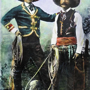 MEXICAN COWBOYS in one of Buffalo Bills Wild West Shows: oil over a photograph, c. 1900