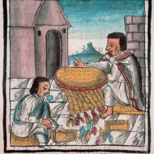 MEXICO: AZTEC CRAFTSMEN. Two Aztec craftsmen decorating a shield with feathers