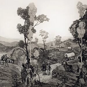 MIDLAND TRAIL, 18th CENTURY. Left scene: Pioneers on the Midland Trail c1770. Right scene
