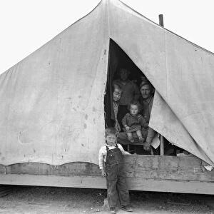 MIGRANT CAMP, 1939. An ex-tenant farmer from Oklahoma with four of his eleven children