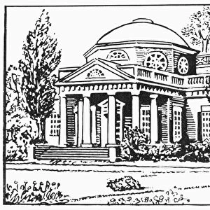 Monticello, the home of Thomas Jefferson near Charlottesville, Virginia. Line drawing