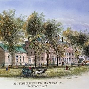 MOUNT HOLYOKE SEMINARY. The first womens college in the United States. Color engraving, mid-19th century