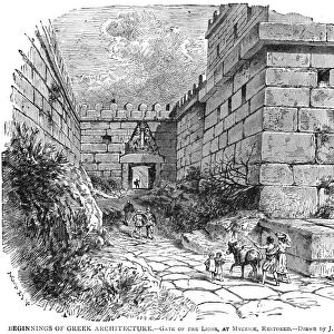MYCENAE: GATE OF LIONS. Beginnings of Ancient Greek architecture. The restored Gate of the Lions, erected in c1250 B. C. at Mycenae. Wood engraving, 19th century