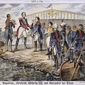 NAPOLEON I AT TILSIT, 1807. Emperor Napoleon I, Czar Alexander I of Russia and King Frederick William III of Prussia meet at Tilsit, Prussia, on a raft in the middle of the Niemen River, July 1807. German engraving, 19th century