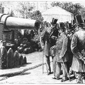 NAPOLEON III AT PARIS, 1867. A German soldier salutes Emperor Napoleon III inspecting Krupp cannons at the International Exposition at Paris in 1867, three years before the outbreak of the Franco-Prussian War. Wood engraving, 19th century
