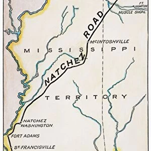 NATCHEZ TRACE, 1816. Map of the Natchez Road, constructed in the early 19th century along the overland route known as the Natchez Trace, between Nashville, Tennessee, and Natchez, Mississippi, and continuing to New Orleans, Louisiana. After a detail from Melishs Map of the United