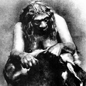 NEANDERTHAL WOMAN cleaning a deerskin. Photograph of a museum display, 1929