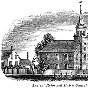 NEW JERSEY: CHURCH, 1844. Ancient Reformed Dutch Church at Bergen, New Jersey. Wood engraving, 1844
