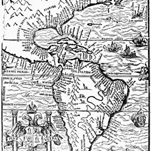 NEW WORLD MAP, 1554. Engraved map of the New World from the Spanish conquistador Pedro Cieza de Leons Chronicle of Peru, published in Antwerp, 1554
