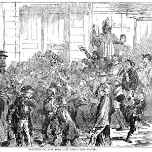 NEW YORK: BOYS, 1868. Crowd of boys responding to a Boy Wanted sign at a cigar