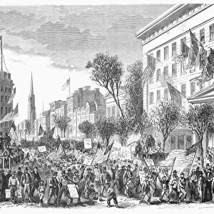 NEW YORK: ELECTION OF 1864. Scene on Broadway, New York City, during the reelection of President Abraham Lincoln in 1864. Wood engraving from a contemporary French newspaper