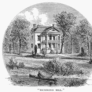 NEW YORK: MANSION, 1760. Richmond Hill, built 1760 at the corner of Varick and Charlton Streets, for some time General George Washingtons headquarters, later the country home of Aaron Burr. Wood engraving, 1876