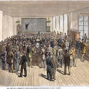 NY STOCK EXCHANGE, 1878. The interior of a New York City stock exchange for speculation on small margins: wood engraving, 1878