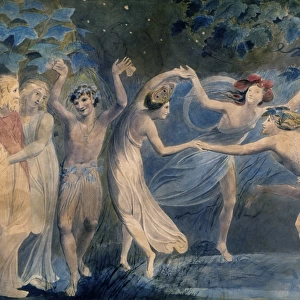 Oberon, Titania and Puck dancing with fairies in a scene from William Shakespeares A Midsummer Nights Dream. Painting by William Blake, c1786