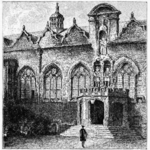 OXFORD: ORIEL COLLEGE. View of Oriel College on the campus of Oxford University, Oxford, England. Wood engraving, English, c1885