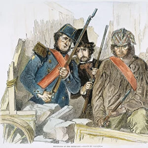 PARIS REVOLUTION, 1848. Defenders of a barricade in a Paris street during the Revolution of 1848: wood engraving from a contemporary English newspaper