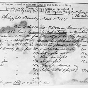 Photograph of a tavern license granted to Abraham Lincoln and William F. Berry at Springfield, Illinois, 6 March 1835
