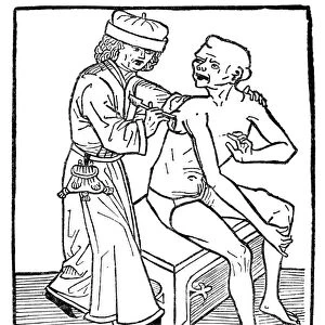 A physician lancing a plague-caused bubo, which probably increased the likelihood of spreading the disease. Woodcut, German, 1482