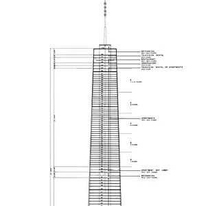A plan of the John Hancock Center in Chicago, Illinois, designed by Bruce Graham and constructed between 1965 and 1970. Drawing