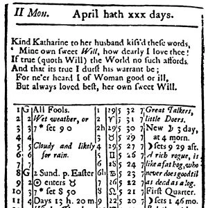 POOR RICHARDs ALMANAC. The calendar for April from the first number of Poor Richards Almanac