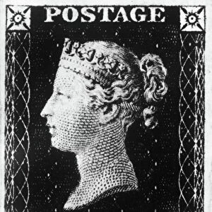 POSTAGE STAMP, 1840. The Penny Black of Great Britain, engraved by Frederick Heath and printed by Perkins Bacon & Co. Issued on 6 May 1840, it was the worlds first adhesive postage stamp
