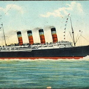 POSTCARD: LUSITANIA, 1915. The Cunard steamship Lusitania depicted on a German