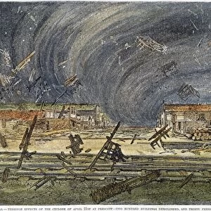 PRESCOTT, KS: CYCLONE, 1887. Effects of the cyclone at Prescott, Kansas, 21 April 1887: wood engraving from a contemporary American newspaper
