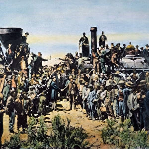 PROMONTORY SUMMIT, 1869. The joining of the Central Pacific (left) and the Union Pacific Railroads on May 10, 1869, at Promontory Point, Utah. Oil over a photograph