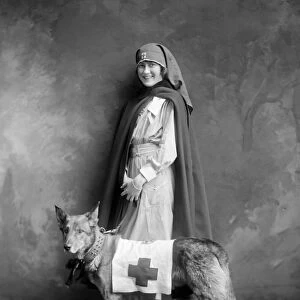 RED CROSS NURSE, c1916. A woman in a Red Cross uniform with a rescue dog. Photograph