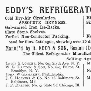 REFRIGERATOR, 1890. American magazine advertisement for Eddys Refrigerators, 1890