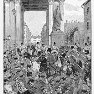 RUSSIA: ST. PETERSBERG. The student gathering in St. Petersburg dispersed by Cossack Police, 1902. Line engraving, 1905