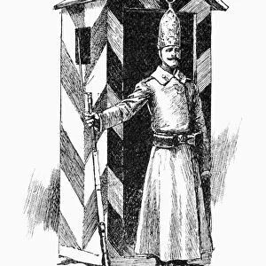 RUSSIAN SENTRY. A Russian sentry guard. Drawing, 1890, by Thure de Thulstrup