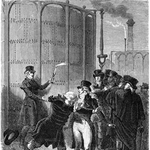 SAMUEL CLEGG (1781-1861). English engineer and inventor. Fearing an explosion, Sir Joseph Banks and other members of the Royal Society of London flee in terror as Samuel Clegg holds a lit candle close to a leak from a gas tank in order to demonstrate the safety of his gas works at Westminster, 1813: wood engraving, French, 1870, after Emile Bayard