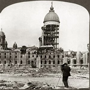 SAN FRANCISCO EARTHQUAKE. The ruins of City Hall with a photographer using a camera on a tripod