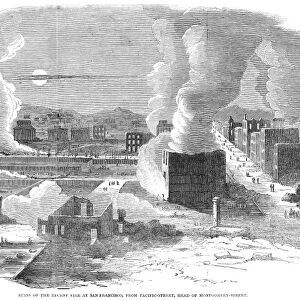 SAN FRANCISCO: FIRE, 1851. Ruins at the head of Montgomery Street, as viewed from Pacific Street, following the great fire of 3-4 May 1851 at San Francisco, California. Wood engraving from a contemporary English newspaper