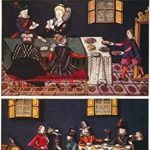 Scenes of cardplaying, wining and dining in a London tavern: English watercolors, early 17th century