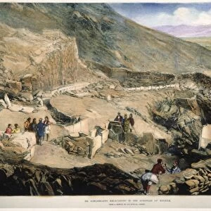 SCHLIEMANNs EXCAVATION. Heinrich Schliemanns excavations at Mycenae, Greece in 1877: wood engraving from a contemporary English newspaper