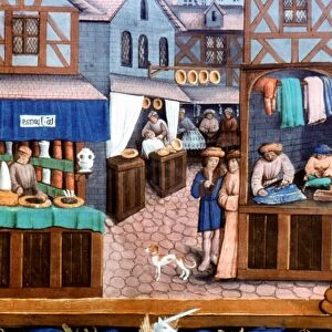 SHOPS ON A MEDIEVAL STREET. French manuscript illumination, 15th century