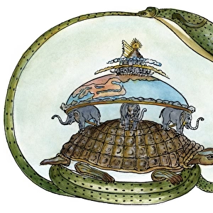 Showing the tortoise, Akupara, supporting elephants upon which the earth rests, enclosed by the world-serpent, Asootee. Drawing from an ancient Hindu ceramic