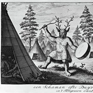 SIBERIA: SHAMAN. A shaman of the Tungus people of Siberia, with antlers and ritual drum. Copper engraving, Dutch, 1705, after a drawing by Nicolaes Witsen