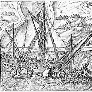 SIEGE OF ANTWERP, 1585. Spanish ships attacking Dutch ships during the Spanish siege of Antwerp