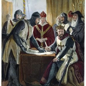 SIGNING MAGNA CARTA, 1215. Signing the Magna Carta in Runnymede, June 15, 1215. Steel engraving, American, 1870