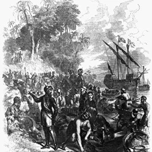 DE SOTO (c1496-1542). Hernando De Soto. Spanish explorer in America. Landing of De Soto in Florida. De Soto with soldiers, sailors and priests landing in Florida in 1539. Wood engraving, 1855