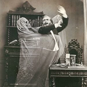 SPIRIT PHOTOGRAPH, 1863. French illusionist Henri Robin with a ghost, in a double exposed publicity photograph by Eugne Thi bault, 1863