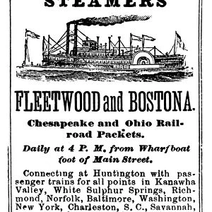 STEAMBOAT ADVERTISEMENT. Advertisement, c1870, for Chesapeake & Ohio Railroad packet