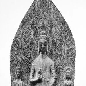 Stone stele of Buddha flanked by two Bodhisattvas. Chinese, Wei Dynasty (5th-6th century)