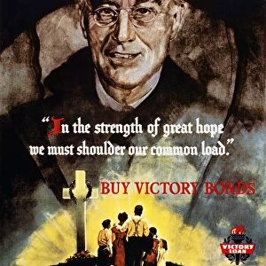 In the strength of great hope, we must shoulder our common load. American World War II Victory bond poster, 1945, by Cecil Calvert Beall, featuring the recently deceased President Franklin D. Roosevelt