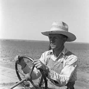 TEXAS: FARMER, 1939. A day laborer at the wheel of a tractor on a large farm near Ralls, Texas