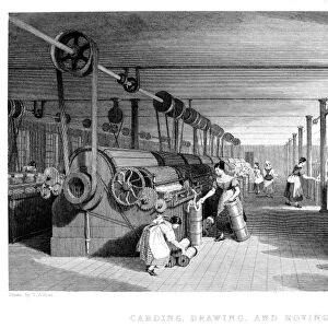 TEXTILE MANUFACTURE, 1834. Carding, drawing, and roving in a Lancashire cotton mill. Line engraving, English