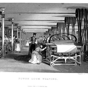 TEXTILE MANUFACTURE, 1834. Power loom weaving in a Lancashire mill. Line engraving, English